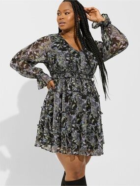 torrid Black Floral Tiered Long-Sleeve Dress